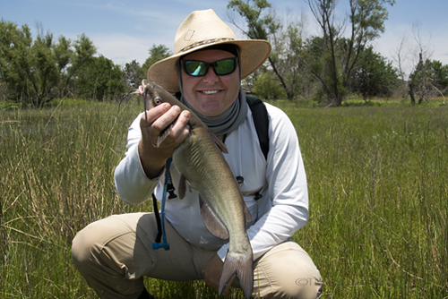 Catfish on fly rod at Lake Ray Roberts Texas